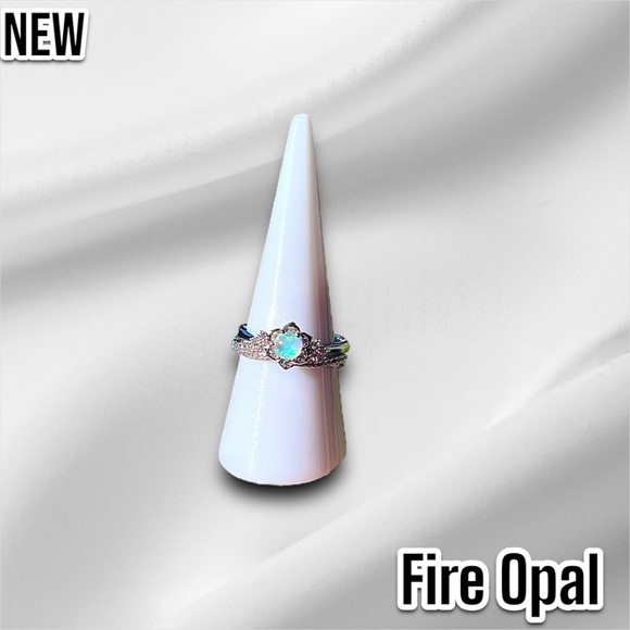 New White Fire Opal Flower CZ Crystal Vintage Wedding Engagement Ring Set - Picture 12 of 14